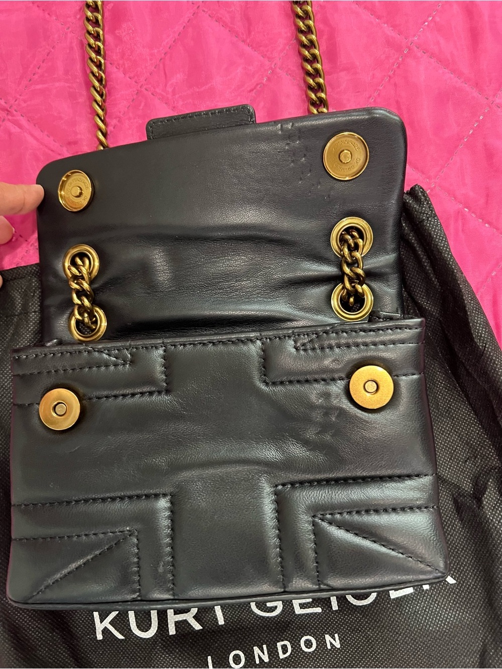 Kurt Geiger Black Quilted Leather Shoulder Bag with Gold Chain
